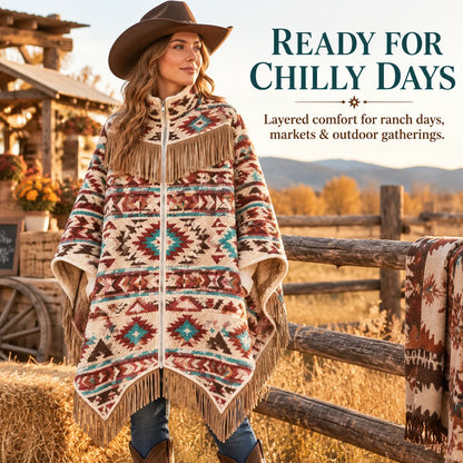 🔥 Heated Western Sherpa Fringe Poncho 🤠 – 3 Heat Levels & Cozy Cowgirl Style ✨