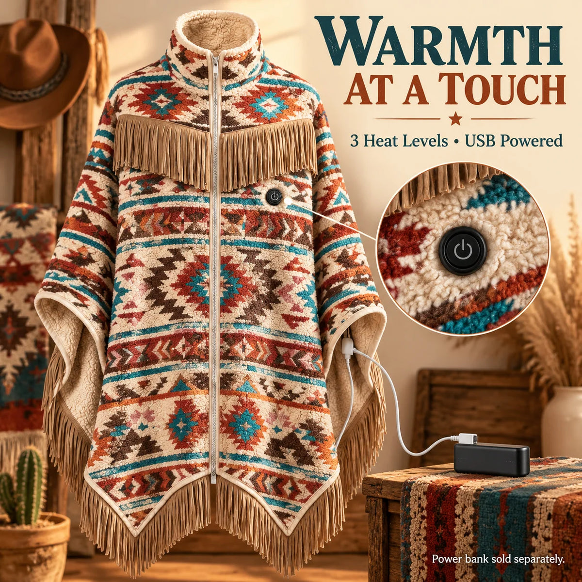 🔥 Heated Western Sherpa Fringe Poncho 🤠 – 3 Heat Levels & Cozy Cowgirl Style ✨