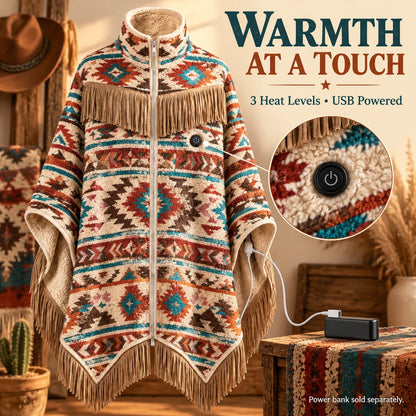 🔥 Heated Western Sherpa Fringe Poncho 🤠 – 3 Heat Levels & Cozy Cowgirl Style ✨