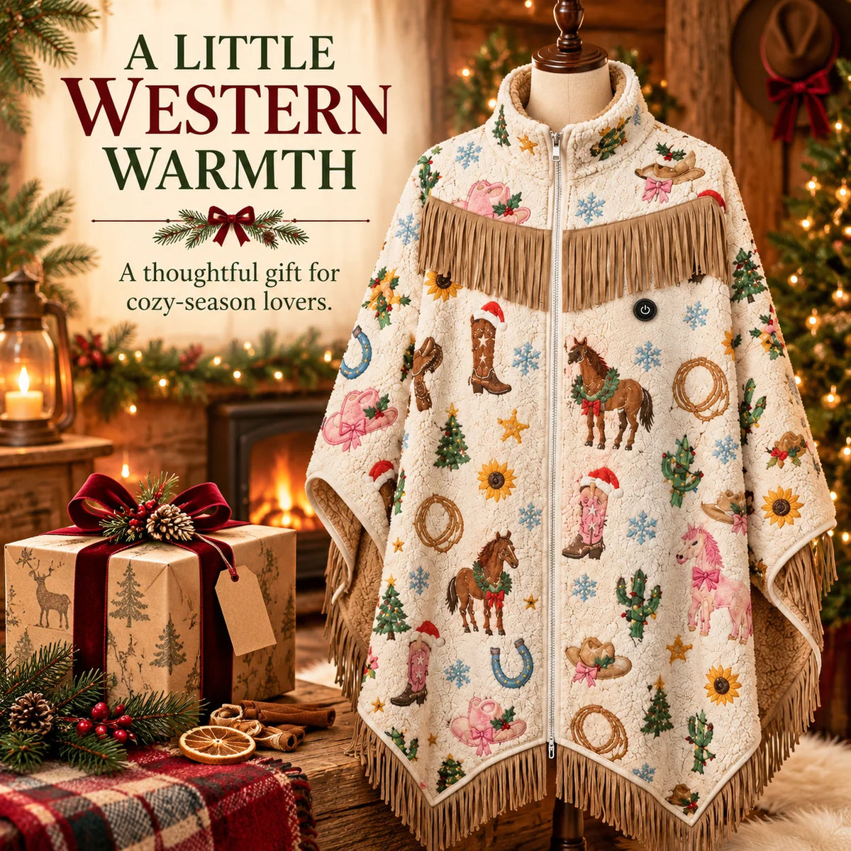 🔥 Heated Western Sherpa Fringe Poncho 🤠 – 3 Heat Levels & Cozy Cowgirl Style ✨
