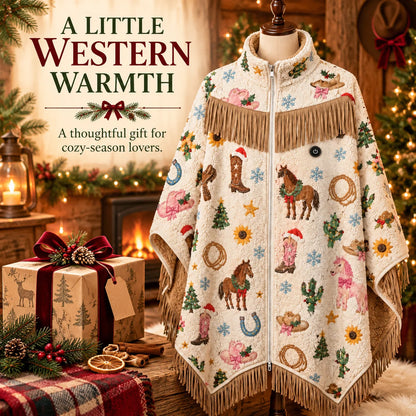 🔥 Heated Western Sherpa Fringe Poncho 🤠 – 3 Heat Levels & Cozy Cowgirl Style ✨
