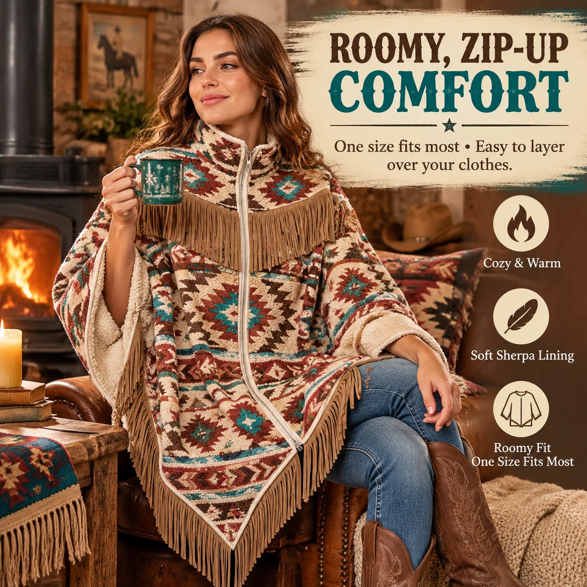 🔥 Heated Western Sherpa Fringe Poncho 🤠 – 3 Heat Levels & Cozy Cowgirl Style ✨