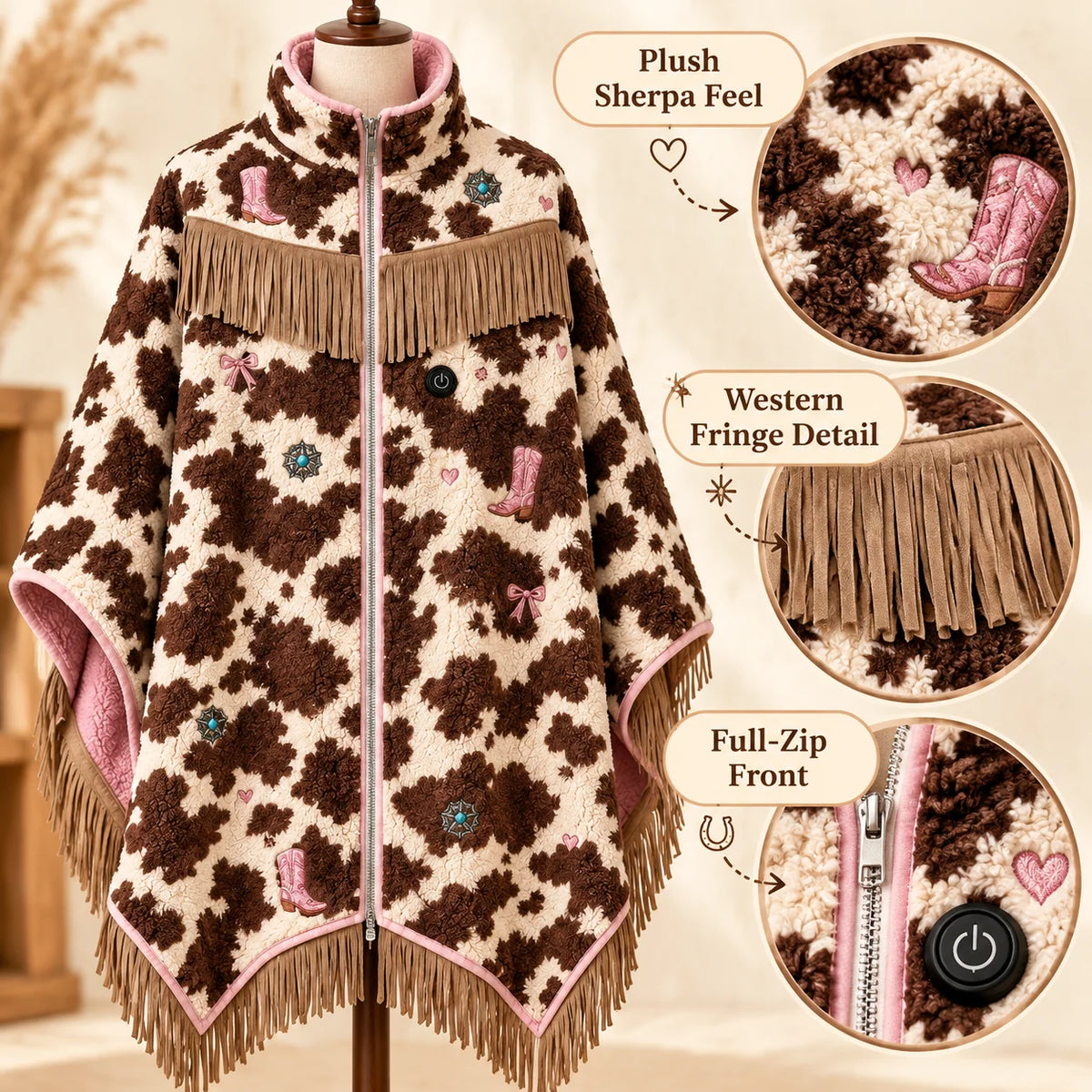🔥 Heated Western Sherpa Fringe Poncho 🤠 – 3 Heat Levels & Cozy Cowgirl Style ✨