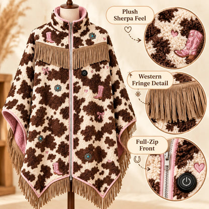🔥 Heated Western Sherpa Fringe Poncho 🤠 – 3 Heat Levels & Cozy Cowgirl Style ✨