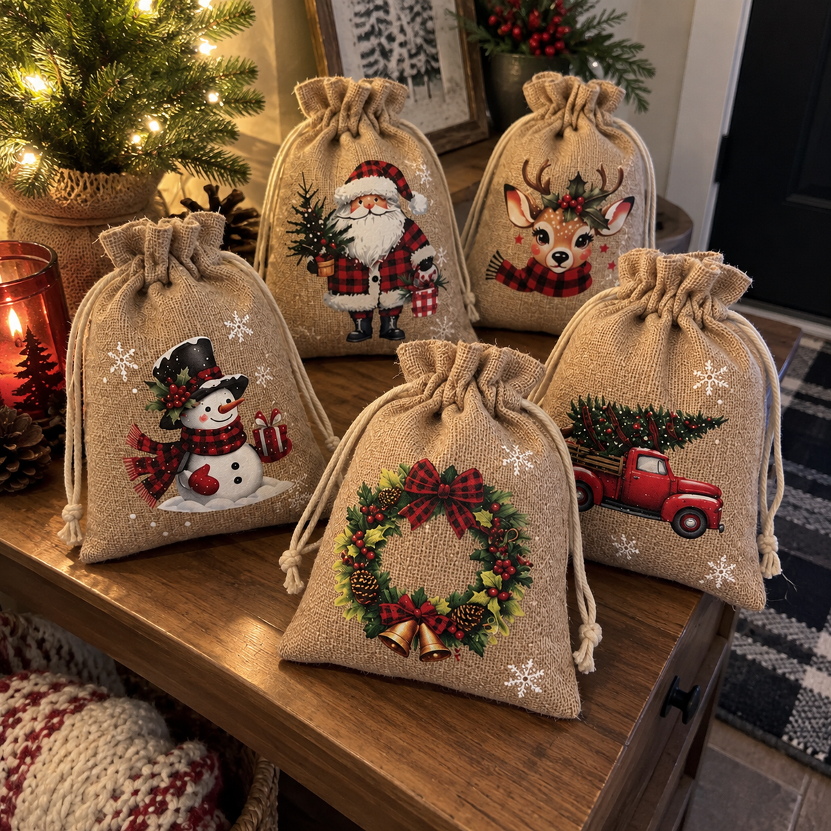 Reusable Christmas Drawstring Gift Bags – 10 × 15 cm