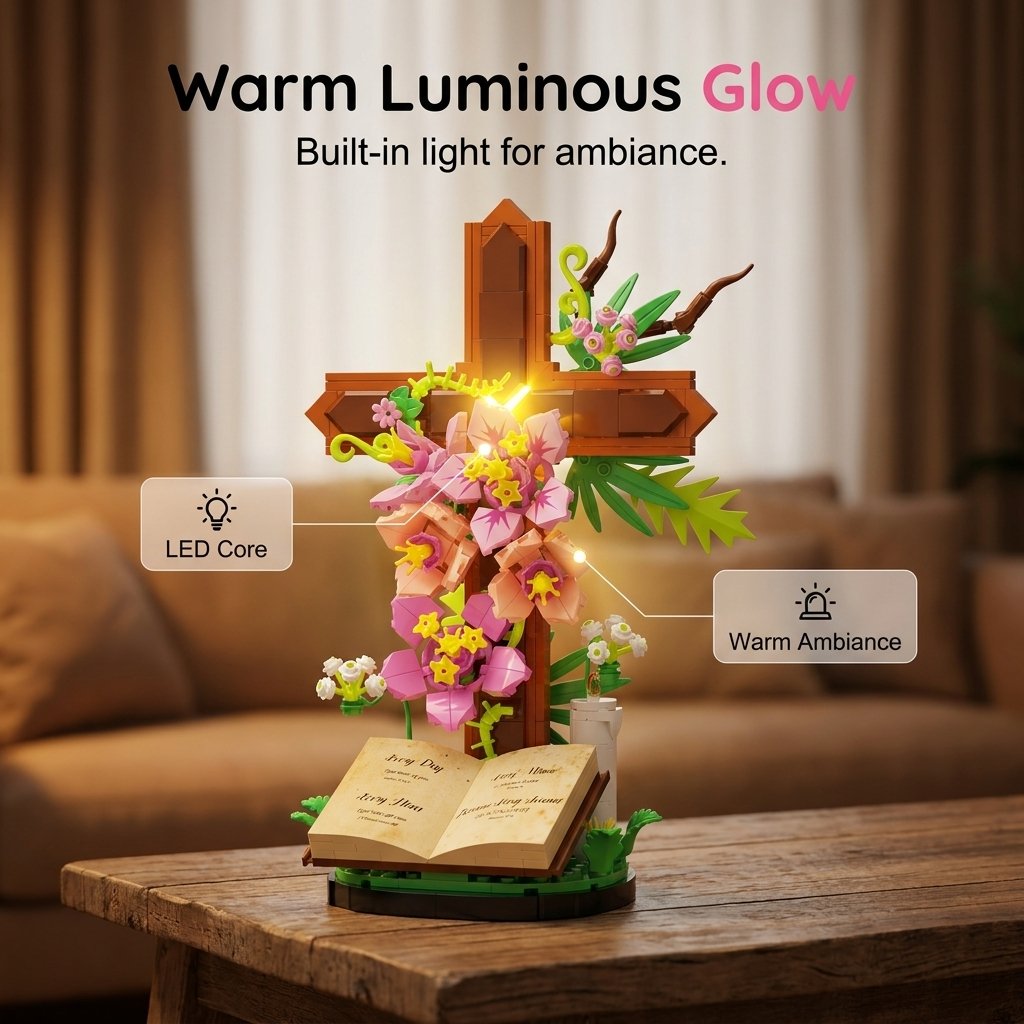 🌺💡 Illuminated Floral Cross Building Set – Peaceful DIY Book Display Decor