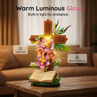 🌺💡 Illuminated Floral Cross Building Set – Peaceful DIY Book Display Decor
