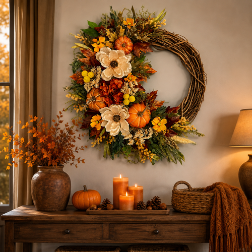 🎃 Fall Wreath for Front Door – Pumpkin, Sunflower & Autumn Floral Harvest Decor