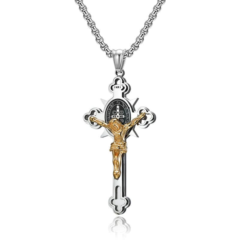 ✝️ Faith & Strength Cross Pendant – Saint Benedict-Inspired Stainless Steel Necklace