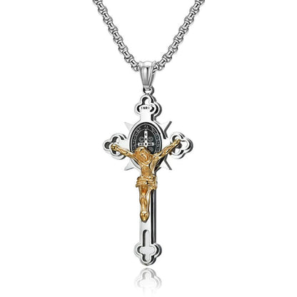 ✝️ Faith & Strength Cross Pendant – Saint Benedict-Inspired Stainless Steel Necklace
