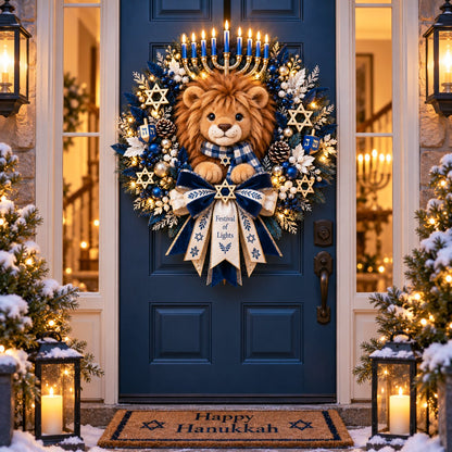 🦁 Lion of Judah Hanukkah Lighted Wreath - A Warm & Meaningful Welcome for the Festival of Lights ✨