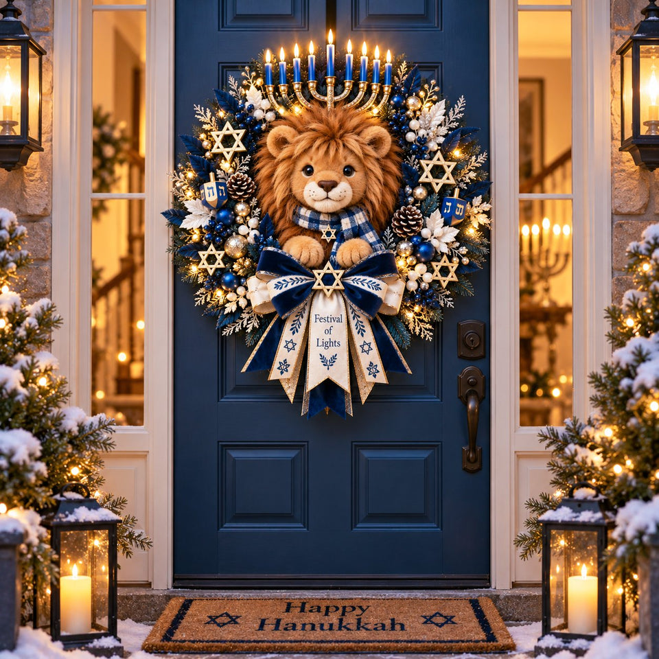Lion of Judah wreath creating a complete Hanukkah front door display