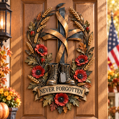 Never Forgotten Veterans Memorial Cross Door Hanging – Poppy & Boots Tribute Decor