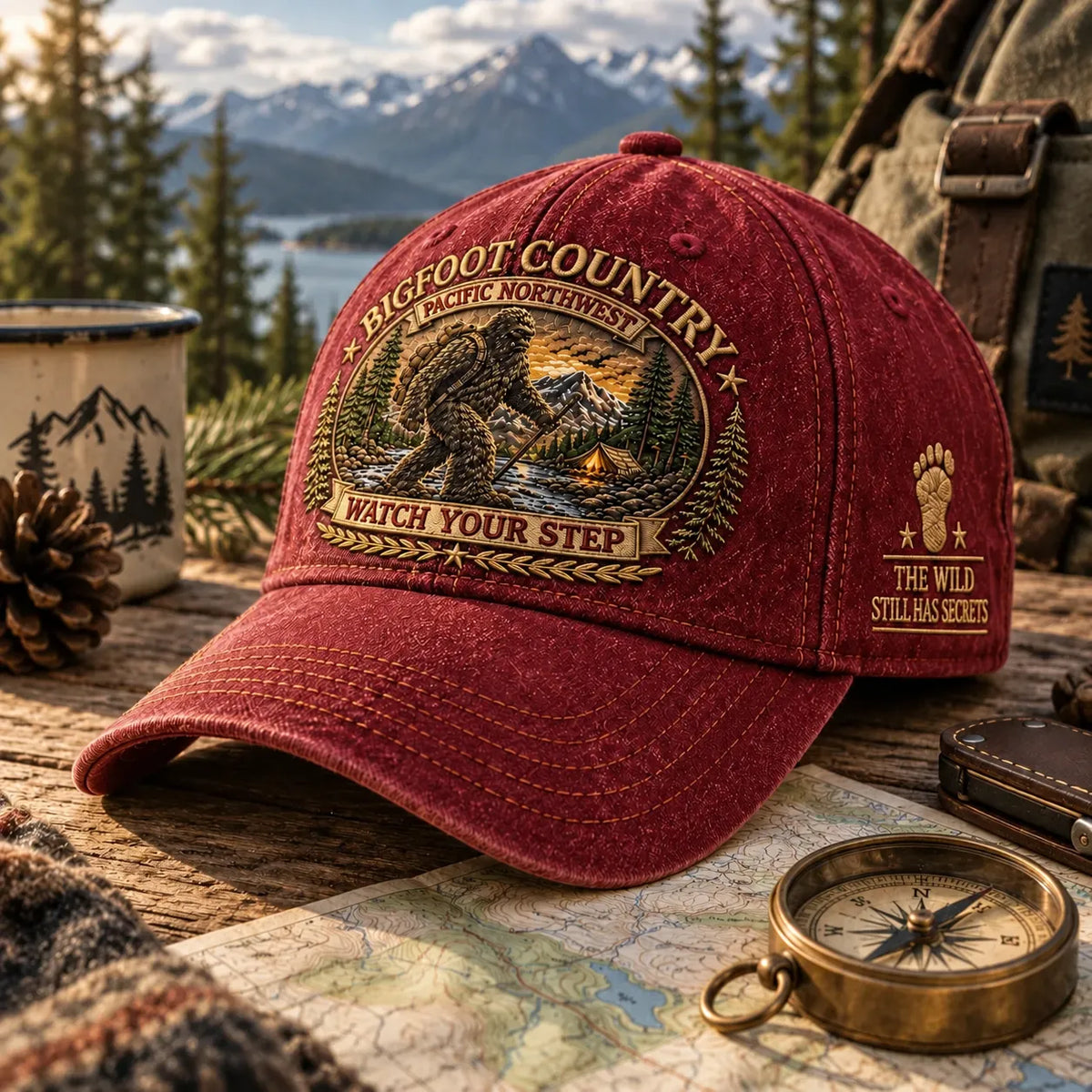 ⏳ Last Day 69% OFF – 🏕️ Bigfoot Country Heritage Cap | Vintage-Washed Embroidered Outdoor Hat with Adjustable Fit 🌲 (🧢100% Cotton)