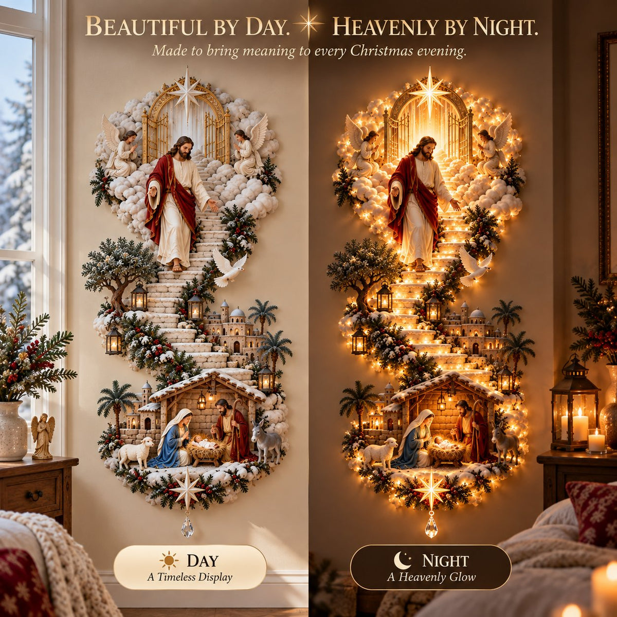 ✨ Jesus Light of Heaven Christmas Wall Hanging | Illuminated Nativity Stairway Decor ✝️