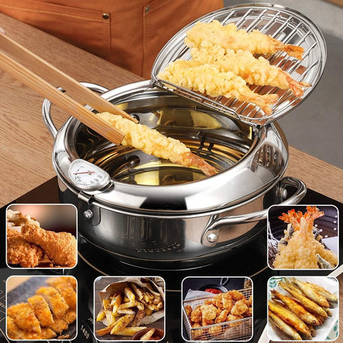 🍤🌡️ Japanese-Style Frying Pot – 304 Stainless Steel with Thermometer & Draining Basket