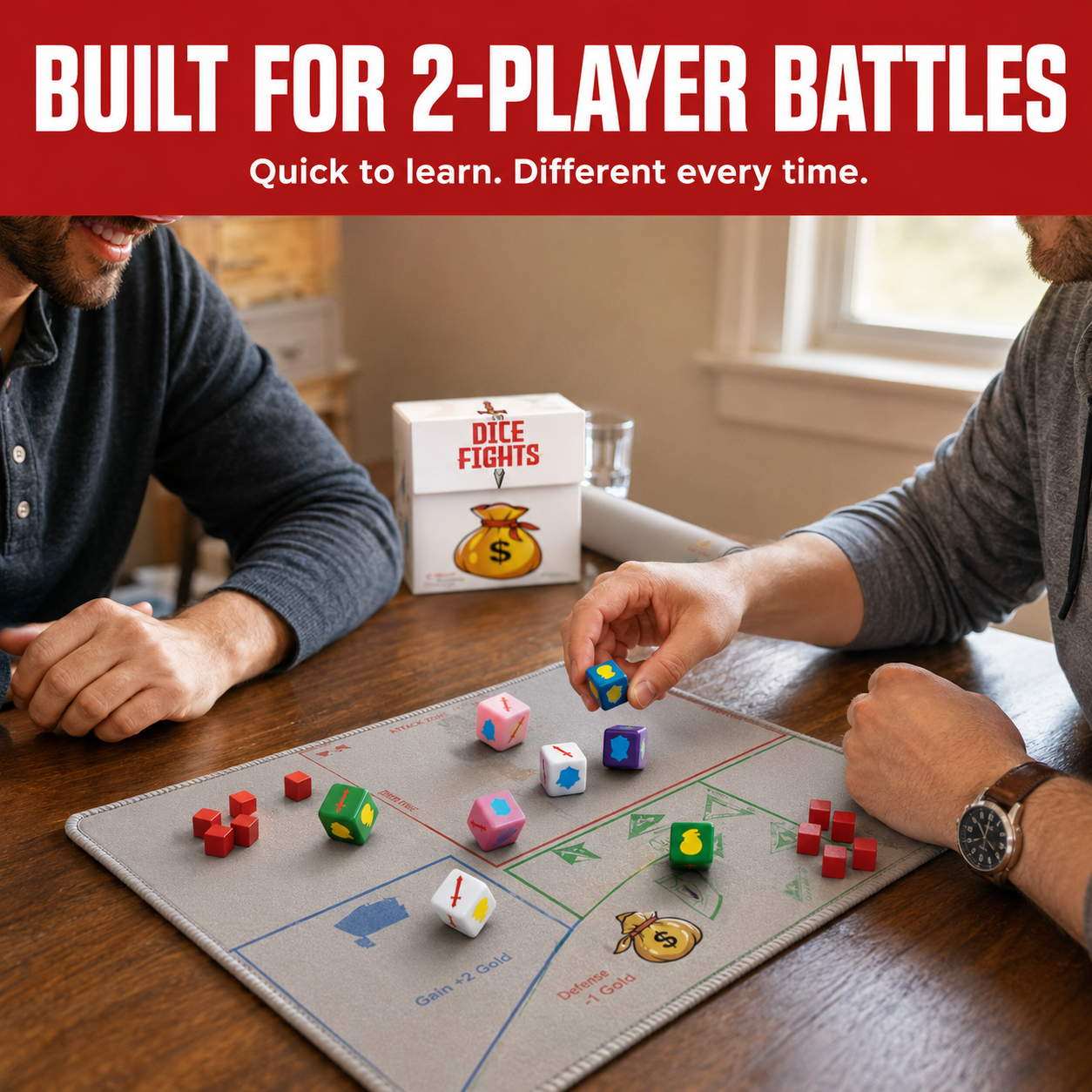 Two adults playing Dice Fights together