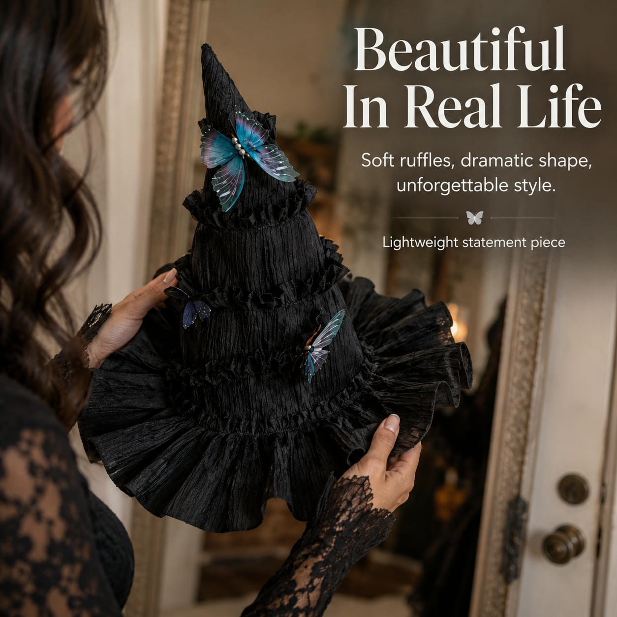 Woman holding butterfly witch hat showing real texture