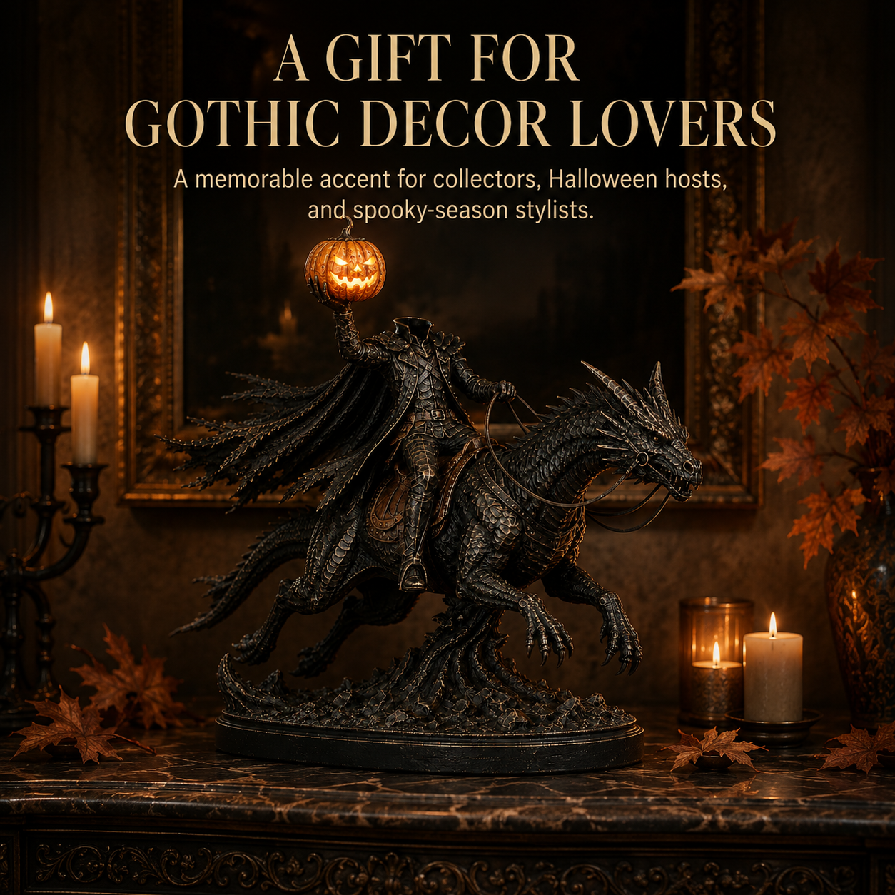 Light-Up Headless Horseman Dragon Statue with Timer – Gothic Halloween Decor