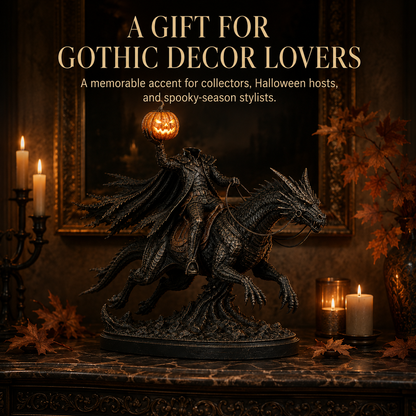 Light-Up Headless Horseman Dragon Statue with Timer – Gothic Halloween Decor