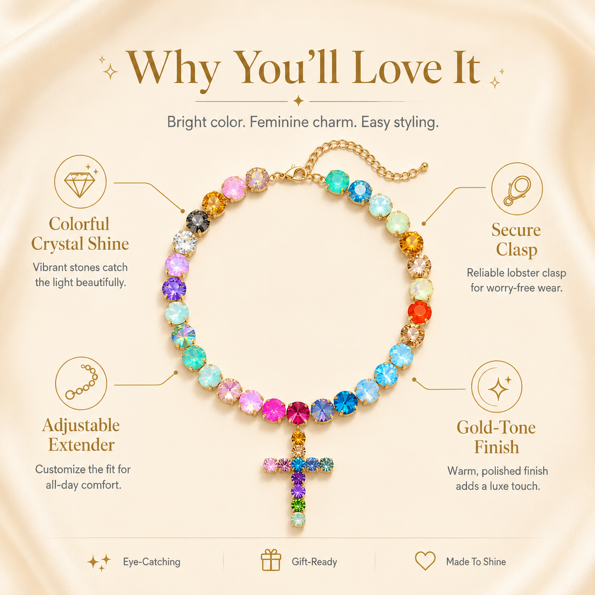 Colorful Crystal Cross Necklace – Sparkling Adjustable Statement Jewelry