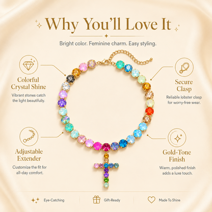 Colorful Crystal Cross Necklace – Sparkling Adjustable Statement Jewelry