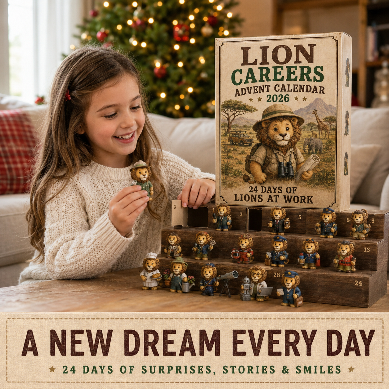Child discovering a Lion Careers character from the advent calendar