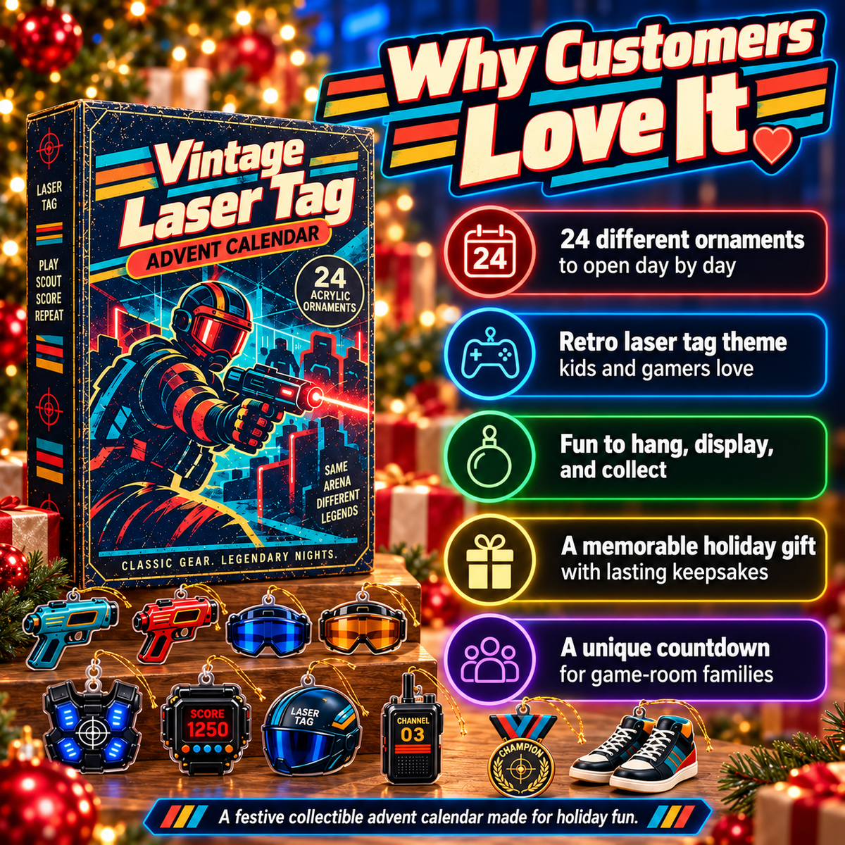 Vintage Laser Tag Advent Calendar – 24 Retro Gaming Acrylic Ornaments