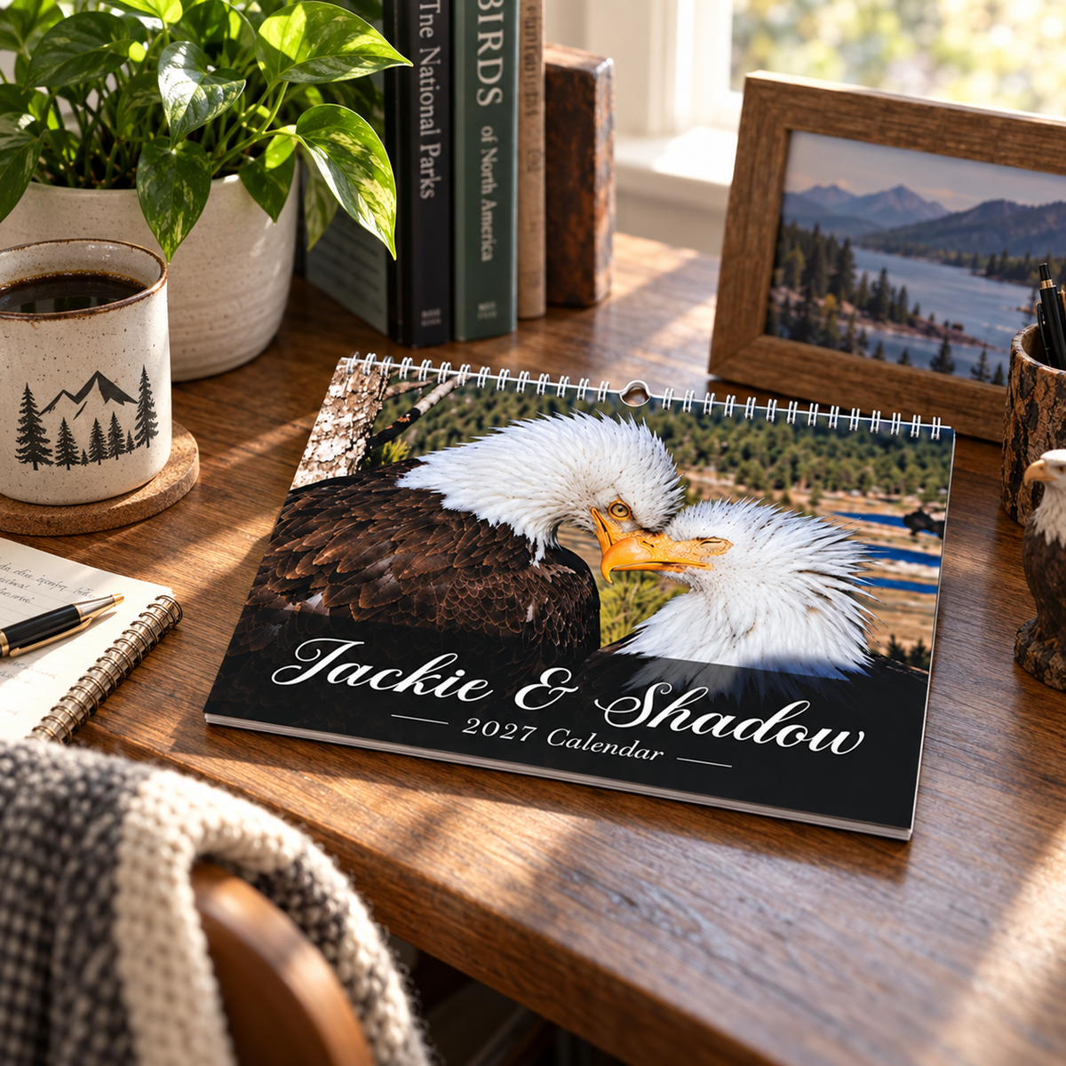 Jackie and Shadow 2027 calendar on desk