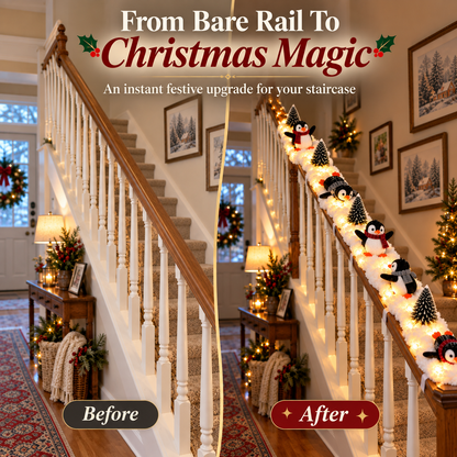 Playful Penguin Snowy Stair Railing Decor