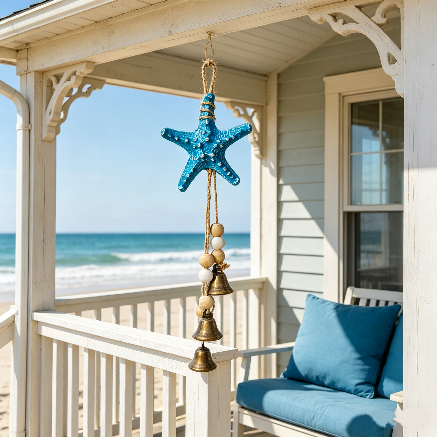 🌊⭐ Seaside Starfish Bell Chime – Rustic Coastal Hanging Decor with Natural Wood Beads