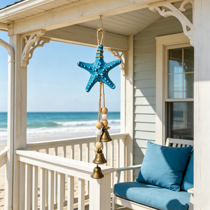 🌊⭐ Seaside Starfish Bell Chime – Rustic Coastal Hanging Decor with Natural Wood Beads