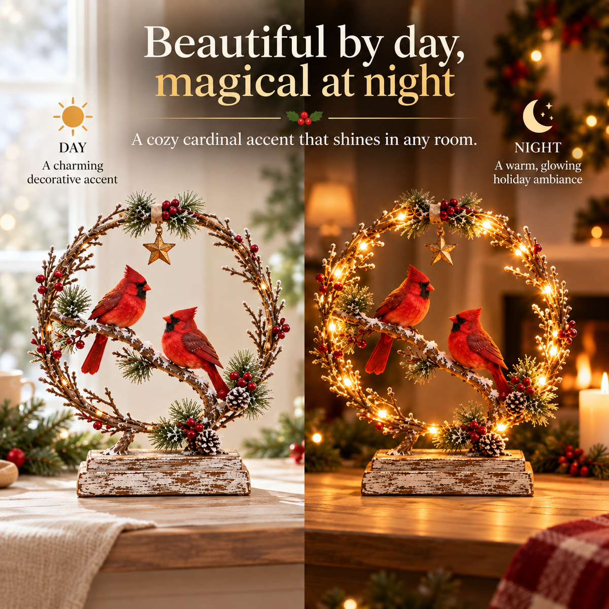 Cardinal decoration shown during daytime and illuminated at night
