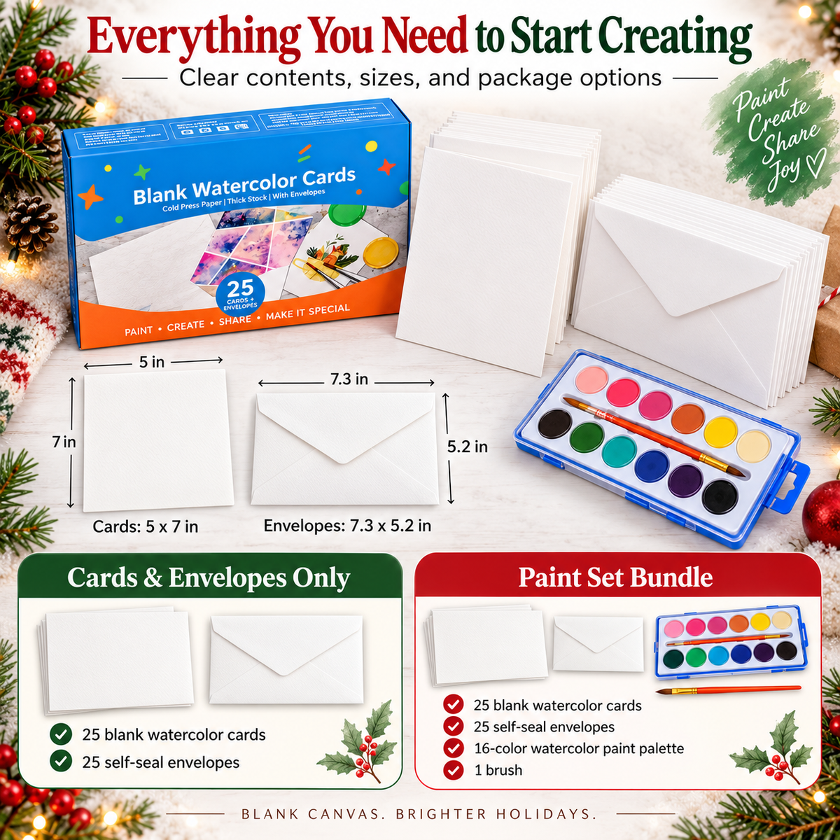 Blank watercolor cards envelopes and optional watercolor paint set