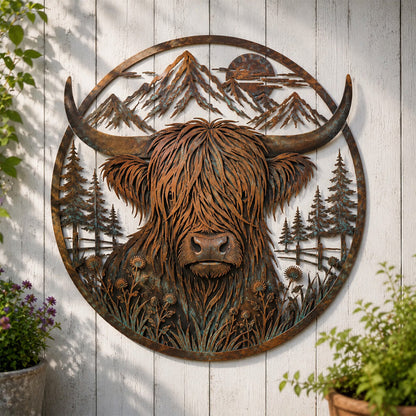 🏔️🐮 Highland Cattle Mountain Silhouette – Rustic Metal Farmhouse Wall Art