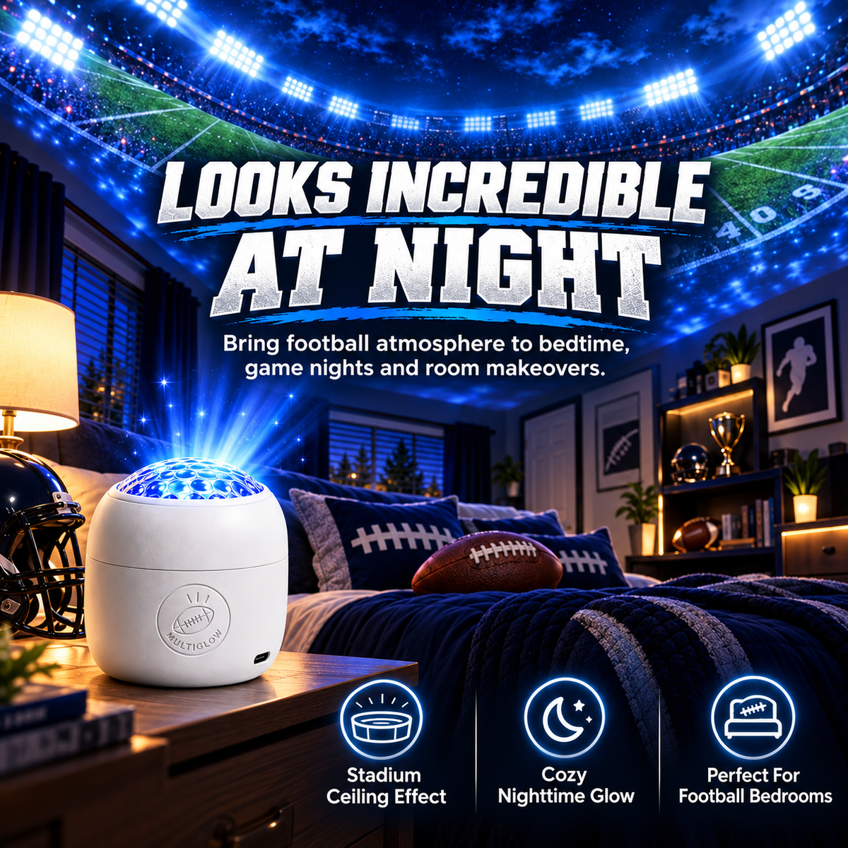 Football stadium projector bedroom at night