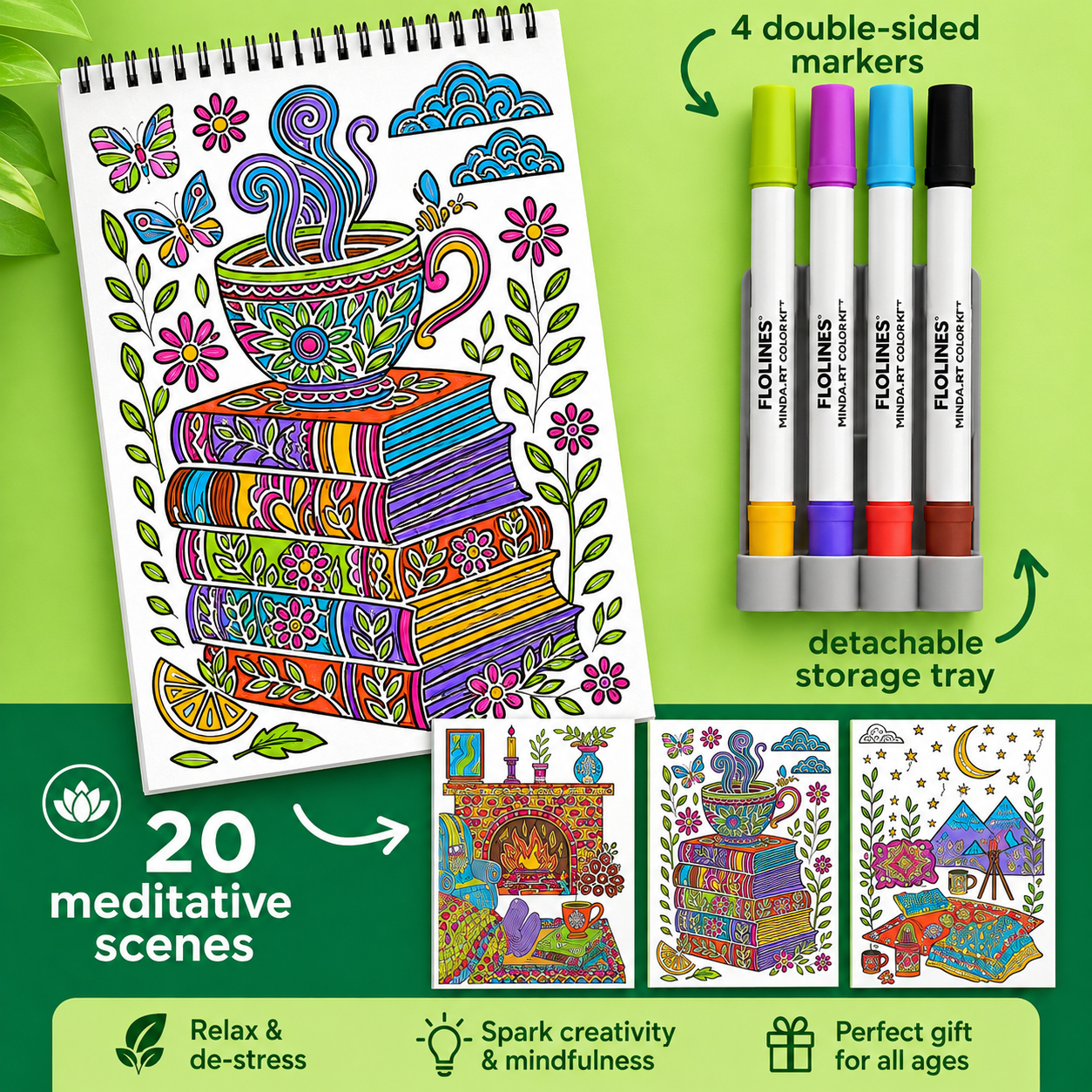 Trace-By-Groove Guided Flow Art Coloring Pad with Double-Sided Markers