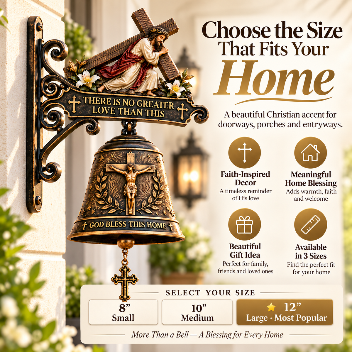 Christian Home Blessing Bell – Jesus Cross Wall Decor for Entryway & Porch