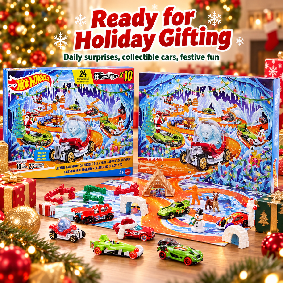 Christmas racing advent calendar displayed as a gift with colorful toy cars and festive decorations