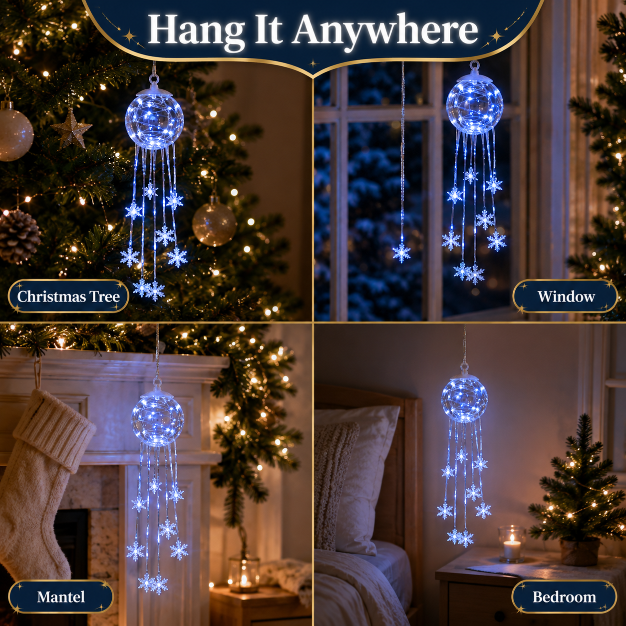 Snowflake ornament displayed on a tree, window, mantel and bedroom