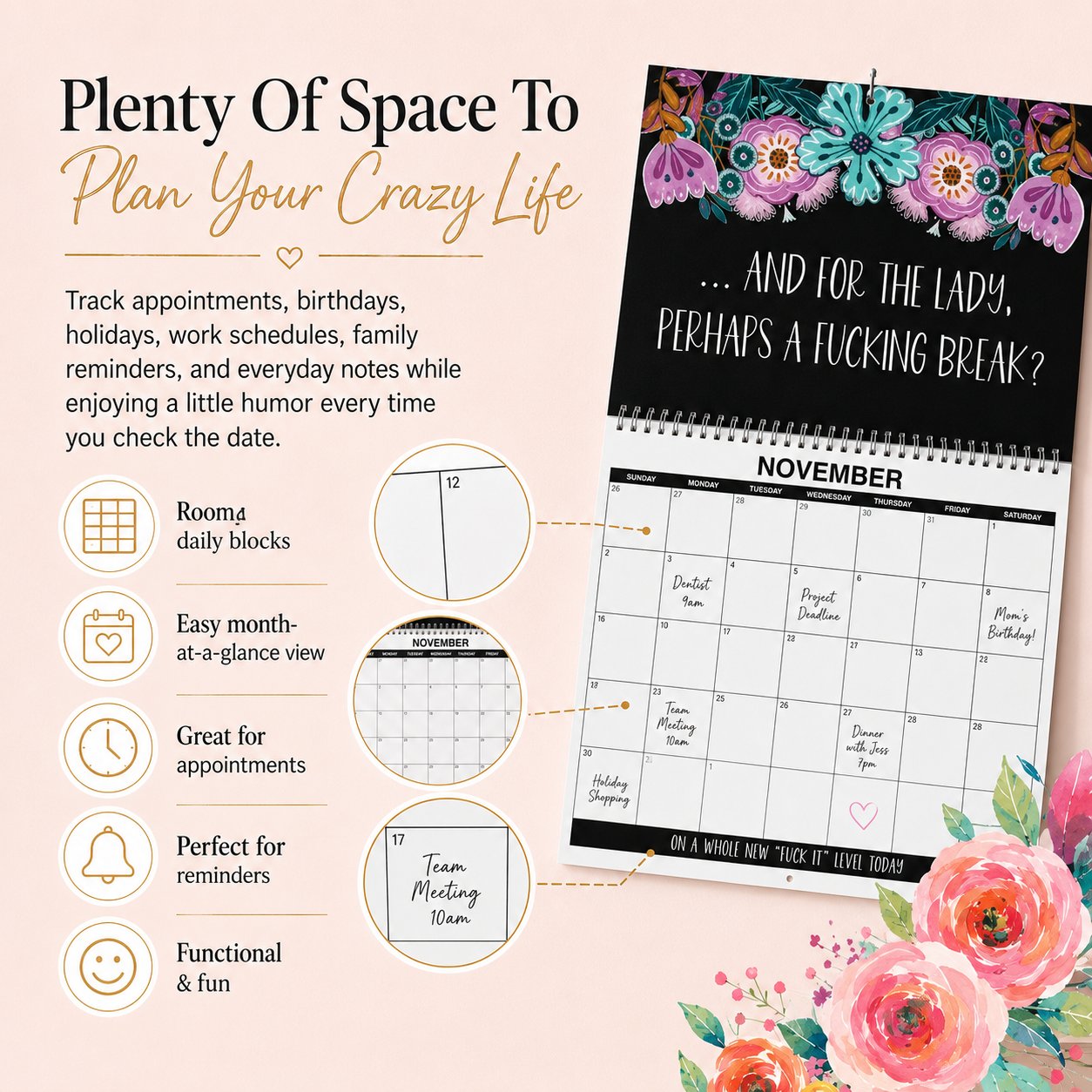 🌸😂 2027 Zero-F*cks Floral Wall Calendar – 12 Months of Sarcasm, Chaos & Pretty Flowers