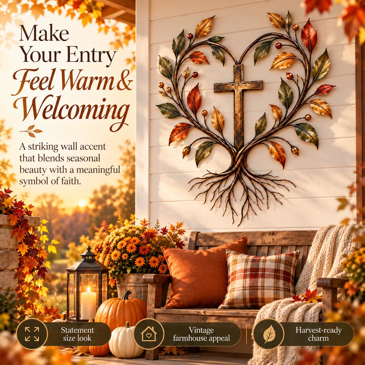 ✝️🍂 Faith & Harvest Tree Wall Art – Rustic Autumn Christian Metal Decor🎁