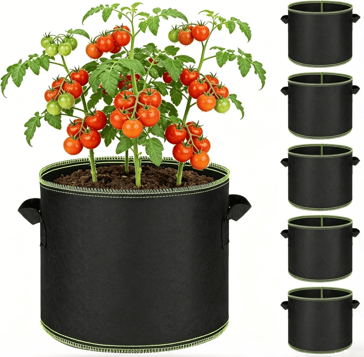 Five pack of black five-gallon fabric grow bags with green trim and handles