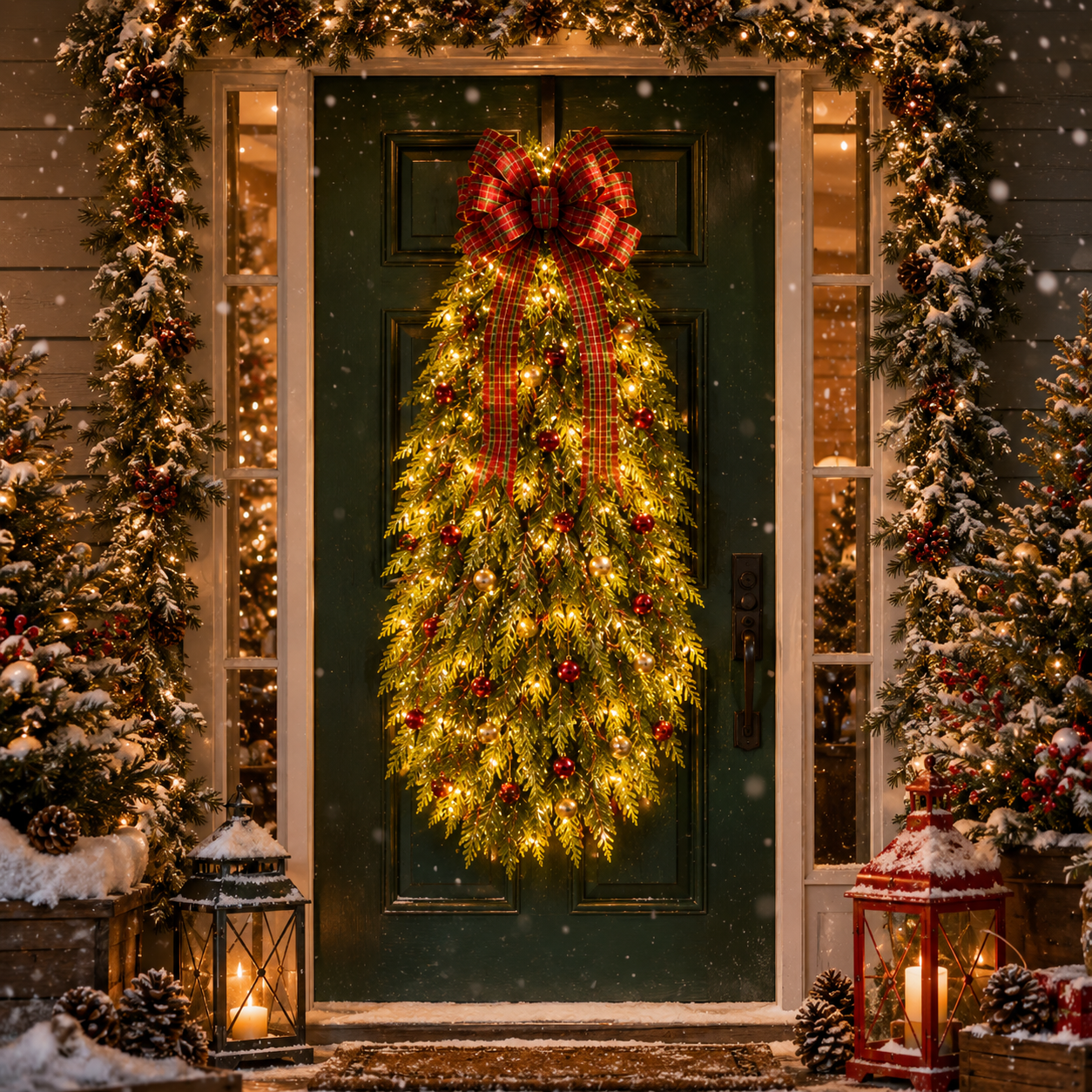 Christmas tree wreath completing a decorated holiday porch