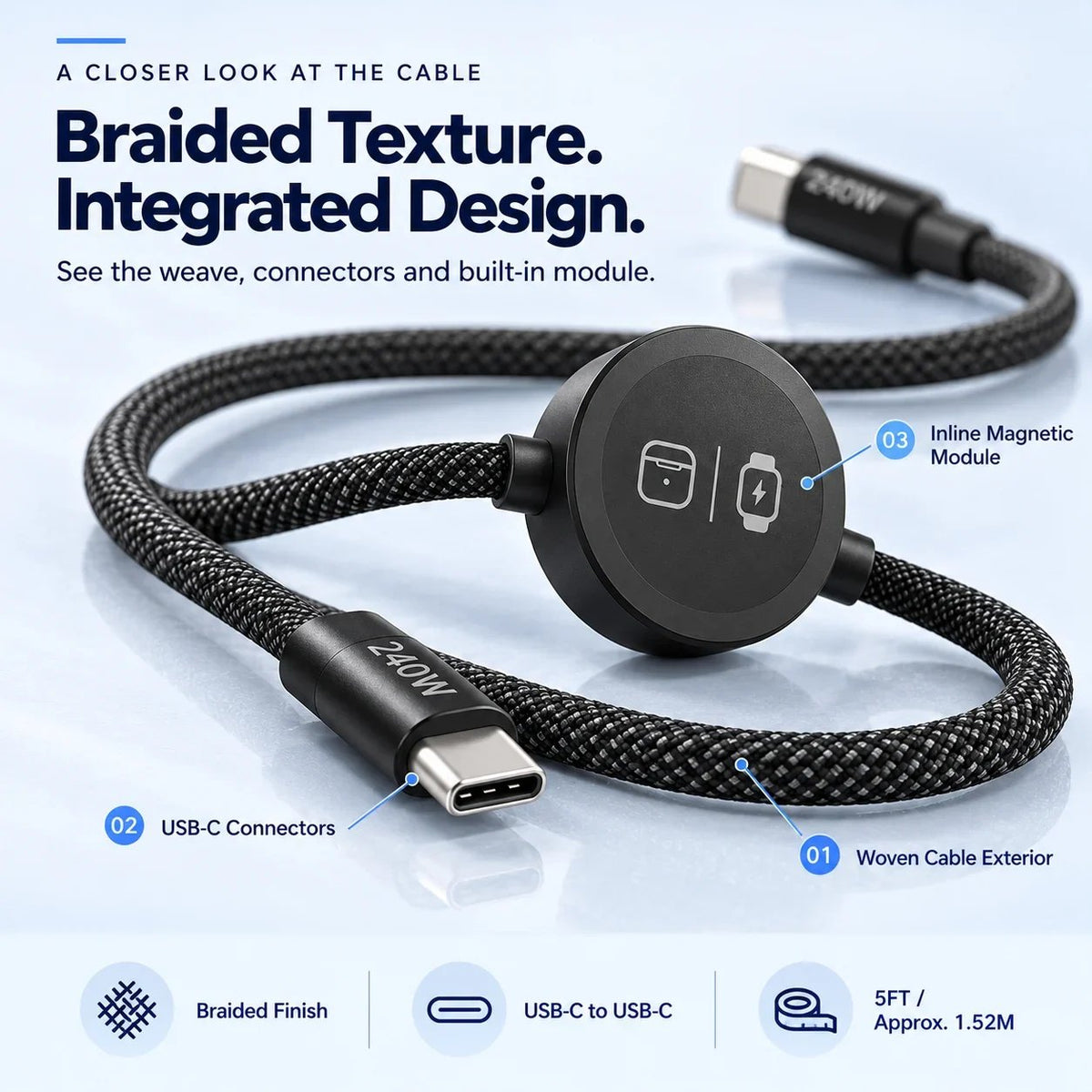 🔌 3-in-1 USB-C Charging Cable with Built-In Watch Charger – 5FT Braided Travel Cord for Compatible Phones, Watches & Earbud Cases