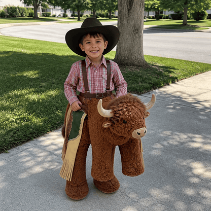 Plush Bull Rider Ride‑On Kids Costume, Adjustable Harness Toddler Halloween Outfit