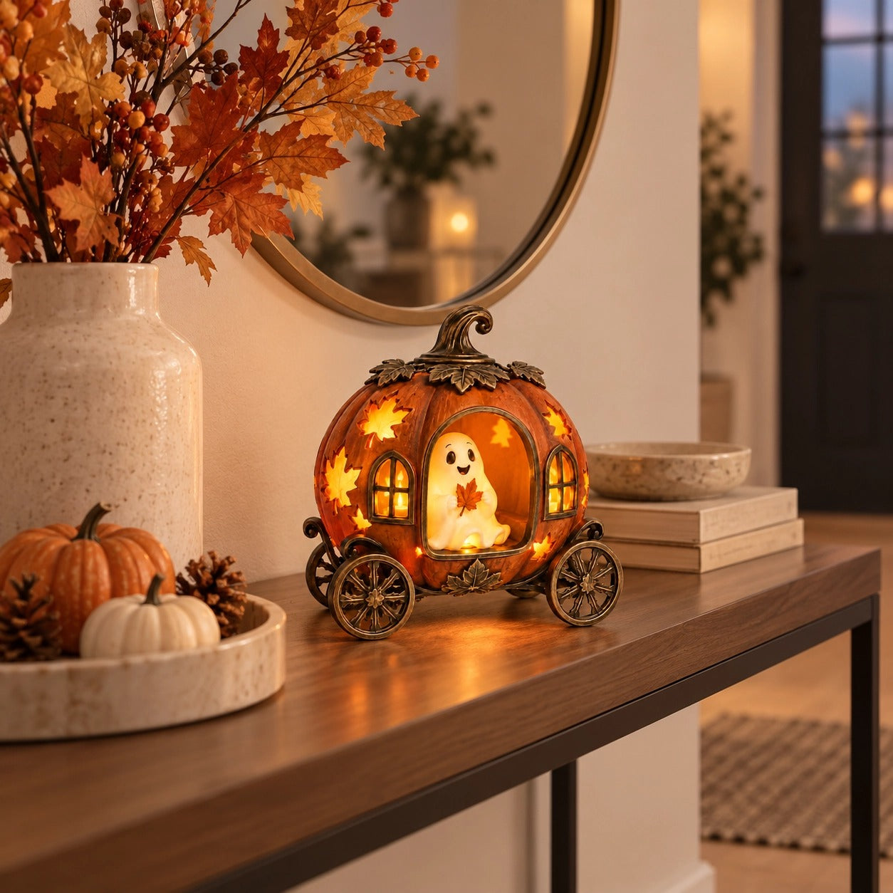 Glowing pumpkin carriage in cozy fall living room