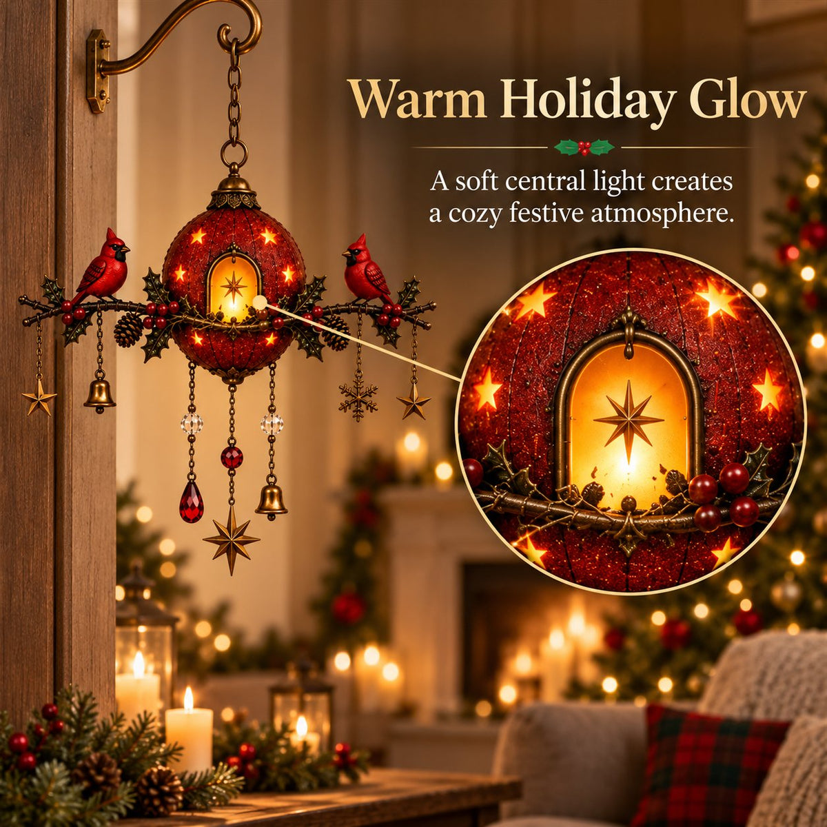 Illuminated Christmas hanging ornament with red cardinals – Festive wall decoration with warm light
