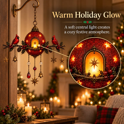 Illuminated Christmas hanging ornament with red cardinals – Festive wall decoration with warm light
