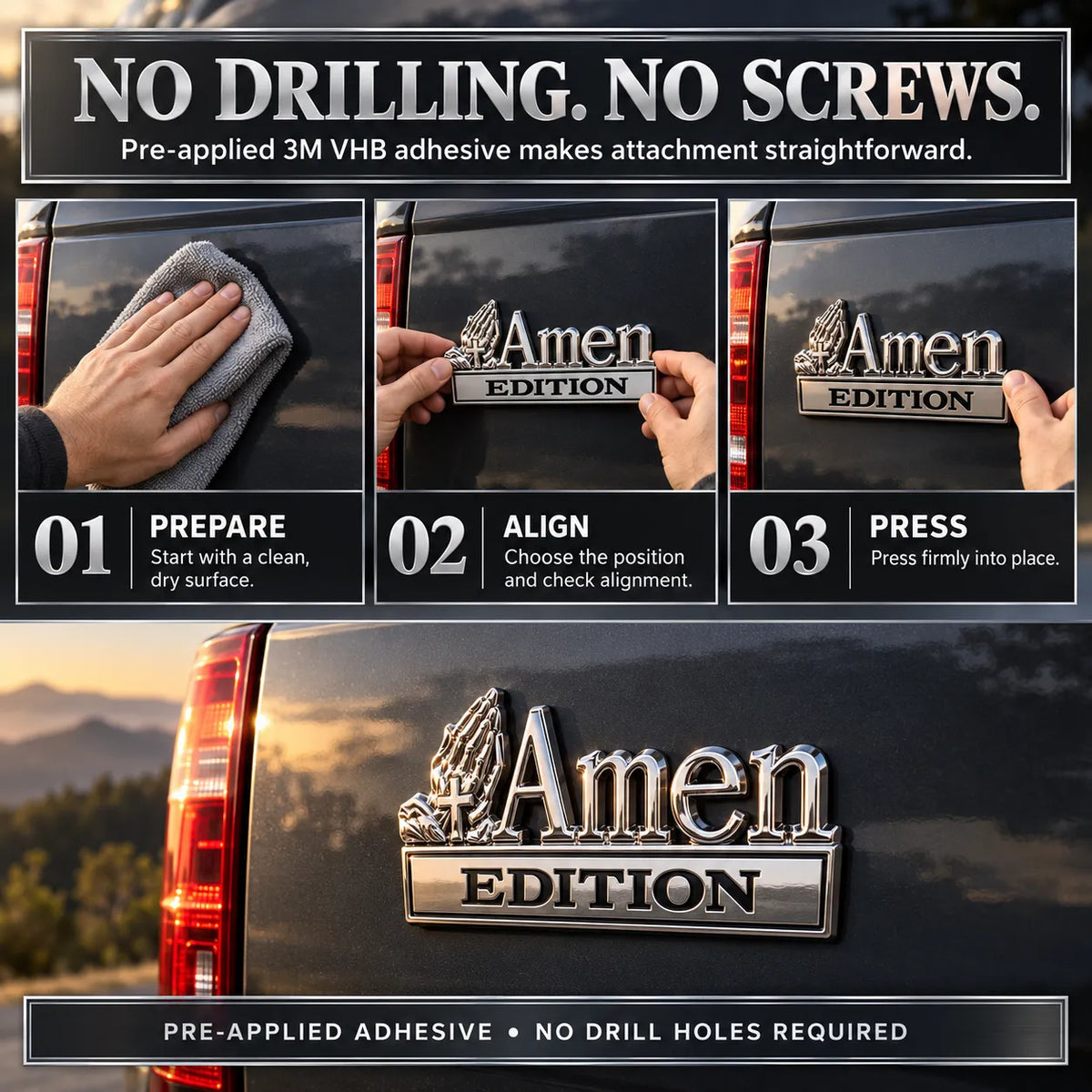 ⏳ Last Day 49% OFF – ✝️ Amen Edition Metal Emblem | 3D Chrome Cross & Wings Badge with 3M VHB Adhesive for Pickups, SUVs & Tailgates 🚘